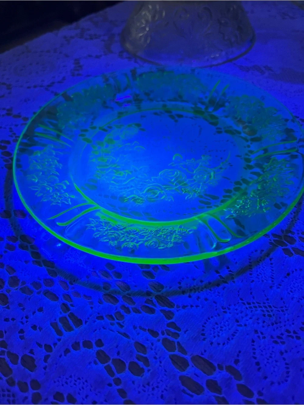 Vintage Tiara Sandwich Glass on Glowing Green DepressionGlass Saucer|UV Reactive